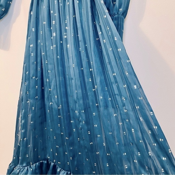 NEW Misa Los Angeles Blue Ruffle Maxi Faux Wrap Long Sleeve V Neck Sheer Dress - Picture 16 of 16